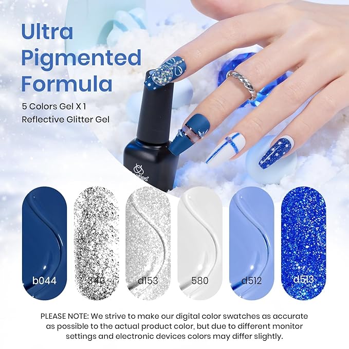 beetles Gel Polish Set, Glitter Snowflakes Collection Blue Polish Set, White Glitter Navy Blue Silver Nails Color Gel Soak off UV LED Lamp Gift for Her