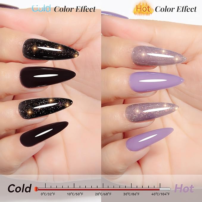 YTD Likomey Color Changing Gel Nail Polish 2 Pcs Set,15ml Grayish Purple to Black Pure Color and Brocade Glitter Kit,Thermal Ombre Change Colors Manicure UV Varnish,WB2-05