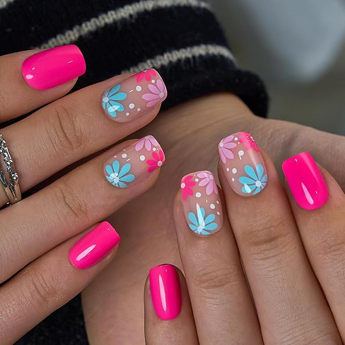 Curvlife Square Press on Nails Short Soft Gel Fake Nails with Design Full Cover False Nails Reusable Nail Kit with Nail Glue Adhesive Tabs Nail File Artificial Glue on Nails (pink flower, 30pcs)