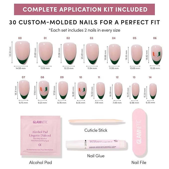 Glamnetic x Fanatics Press On Nails - Miami Hurricanes | Short Almond Fake Nails, Collegiate Hurricanes Green French Tips, College Nails, Salon-Quality | 15 Sizes - 30 Nail Kit with Glue