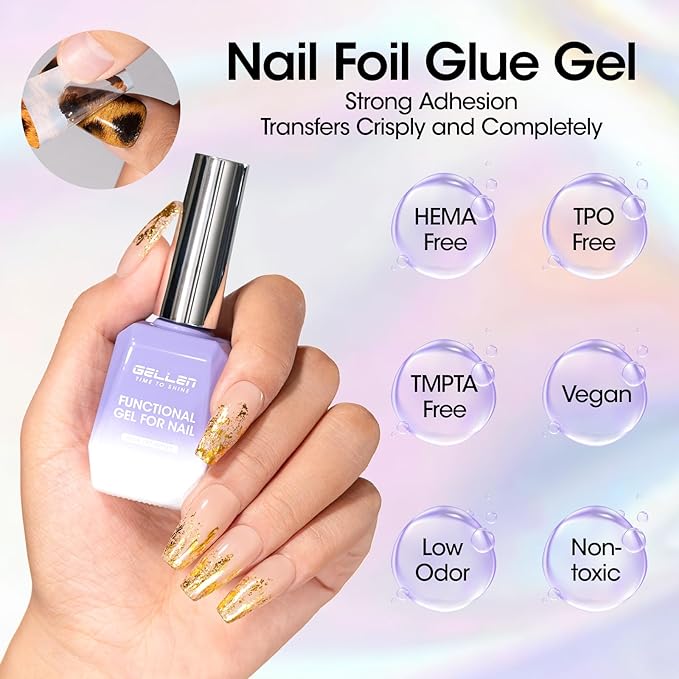GELLEN 2Pcs Nail Foil Transfer Gel, 18ml Foil Glue Gel for Nails Stickers, Nail Foils Transfer Nail Art Glue Gel Polish, Complete Clear Transferred Pattern, Cure 30-60s, Non-toxic HEMA Free TPO Free