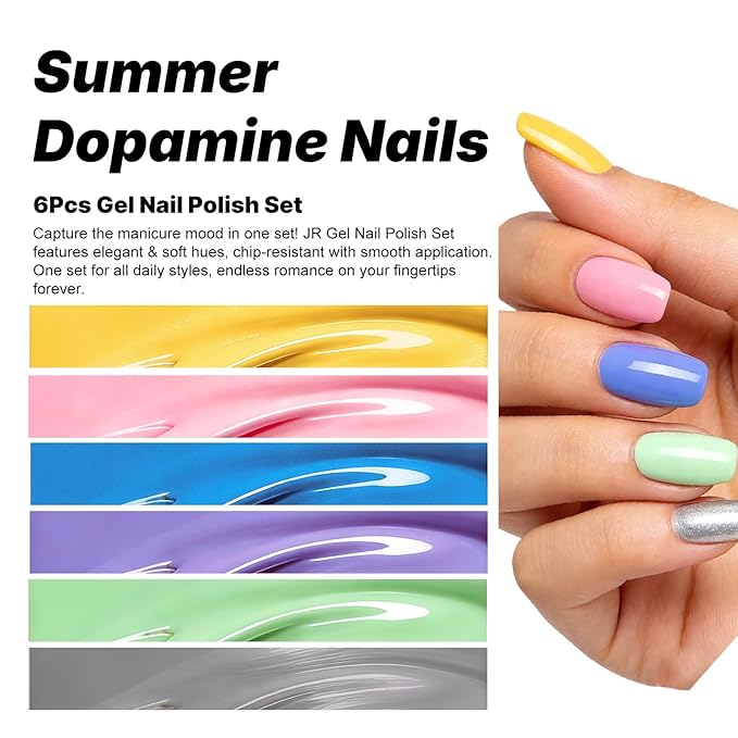 JR Jelly Gel Nail Polish Set, 16ml Full Size Bottle 6 Colors Jelly Yellow Blue Green Silver 9D Cateye Nail Gel Polish Gift Soak Off Led Nail Art Kit Salon DIY Colorful Bottle D