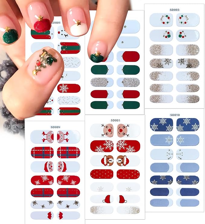 6 Sheets Christmas Nail Polish Strips 3D Green Xmas Trees Gel Nail Stickers Snowflake Self-Adhesive Xmas Holiday Full Wraps with Reindeer Santa Claus Elk Full Wrap Toenail Stickers for Women Nails DIY