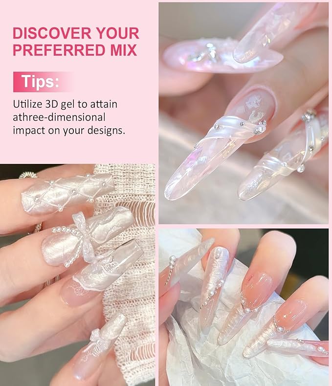 2Pcs 15g Pearl/Clear 3D Nail Gel No Wipe Craving 5D Embossed 3D Gel for Nails for Carving,Molding and Painting Nail Art Designs,Rhinestone Glue for Decoration