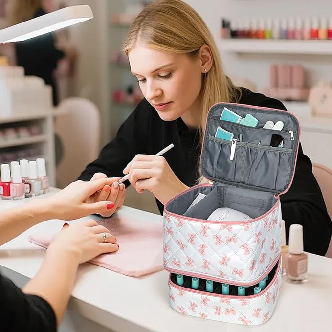 Nail Polish Organizer Aesthetic Nail Organizers and Storage, Bow Nail Supplies Kit Organizer Travel Carrying Case for Manicure Tools (Bow A, 2 Layer)