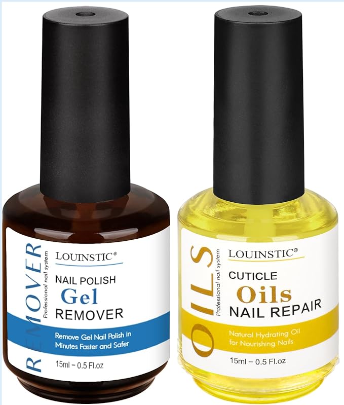 LOUINSTIC Gel Nail Remover & Cuticle Oil Kit – 30 ml Remover & Nourishing Oil, Gently Removes Gel Polish in 2–5 Minutes, Low Odor, No Soak or Foil Needed, Nourishes Natural Nails for At-Home DIY Care