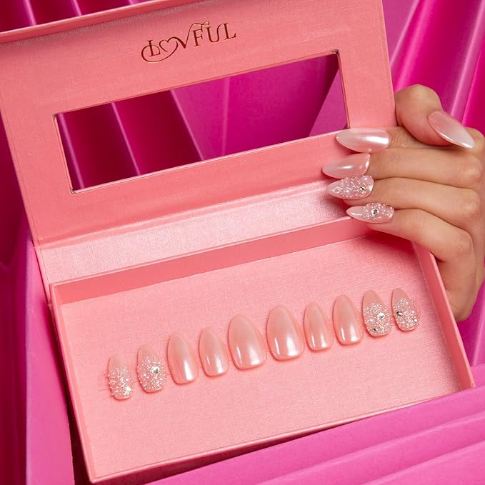 LOVFUL Press on Nails Dream Wedding | Handmade with Full Covered Crystals | Reusable Fake Nails | Almond Regular 1.0 in | H76-L