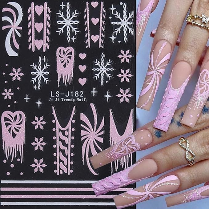 7 Sheets Christmas Nail Stickers Xmas Nail Design Decals - Snowflake,Bows,Candy Cane,Santa Tree Stickers with Pink,Red,Gold,Silver Glitter,Christmas DIY French Manicure Decor for Women Girls