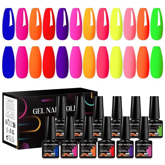 MEET ACROSS 12pcs Gel Nail Polish Set,Soak Off UV LED Lamp Gel Nail Polish Kit,Fashion Shimmer Nail Art Design Gifts for Women Manicure Salon (Neon-1)