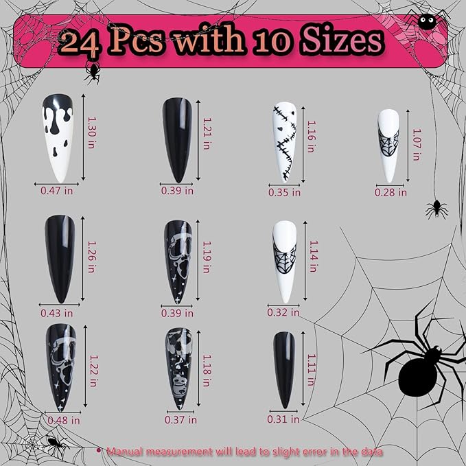24pcs White and Black Blood Long Almond Press On Nails with Cobweb and Wound for Themed Costumes, Reusable Nail Kit with Adhesive Tabs, 12 Sizes (White and Black)
