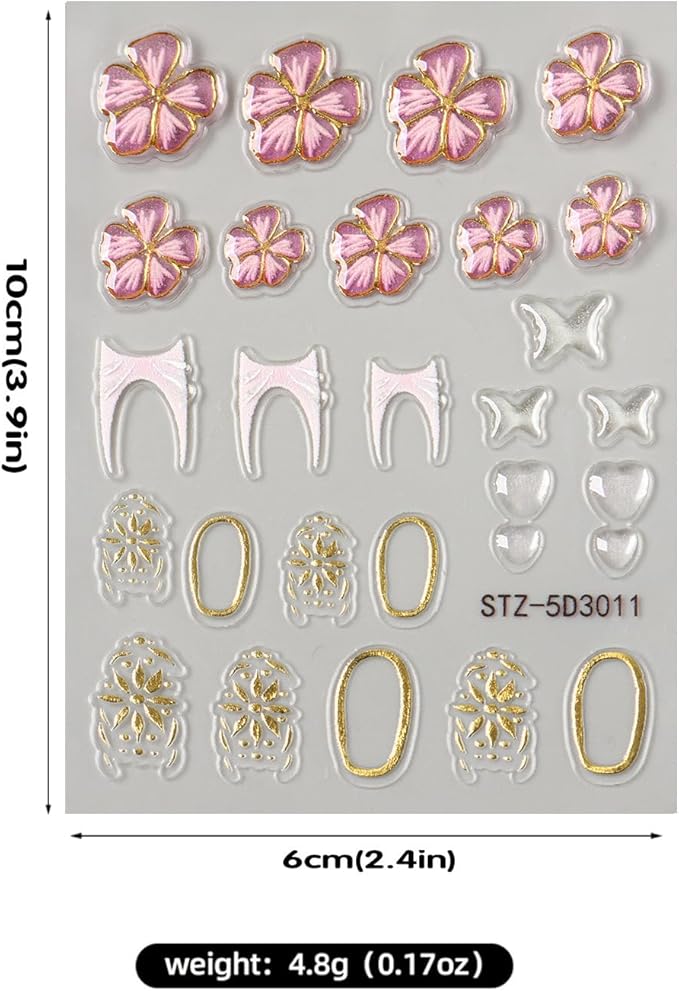 Stickers para Uñas Nail Stickers Self-Adhesive Sticker Gold Pink 3D Flower Embossed Calcomanías para Uñas Colorful Floral Art Design Accessories Hight Quality 3 Sheets