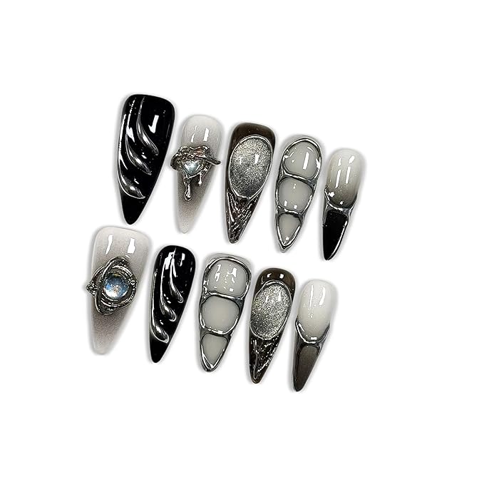 Gothic Press on Nails with Tools Kit, 10pcs Long Stiletto Glossy Nails in Black & Metallic Silver, Hand-Painted 3D Art & Round Cat Eye Charms, Edgy Style for Concerts & Parties (Size M)