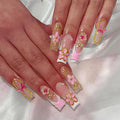 Square Press on Nails Long Fake Nails French Tip False Nails Pink Artificial Nails with Floral and Gold Charm Designs Cute Summer Nails Stick on Nails for Women 24pcs