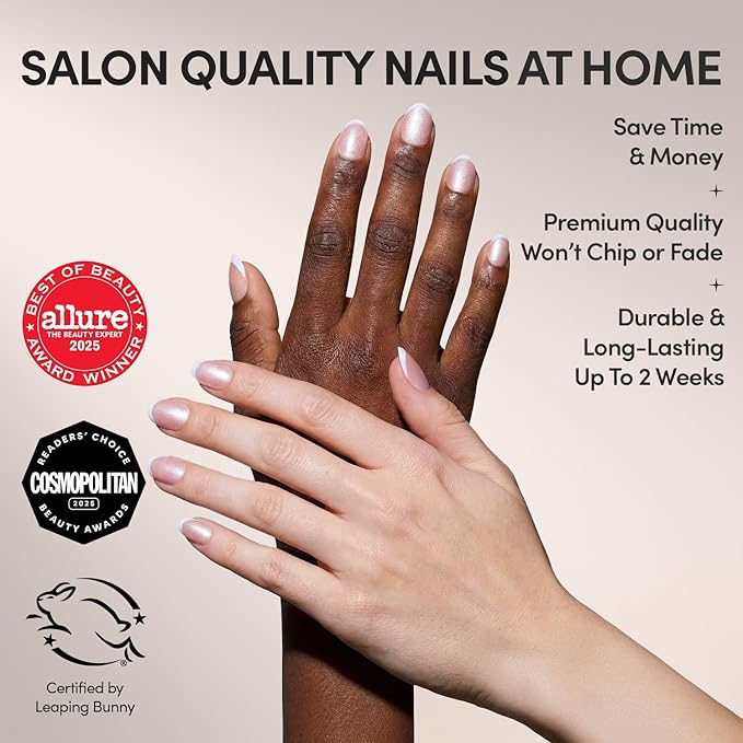 Valentines Day Glamnetic Press On Nails - Angelic Touch | Short Oval Fake Nails in a Delicate Nude Base with White French Tips and a Velvet Finish | 15 Sizes - 30 Nail Kit with Glue