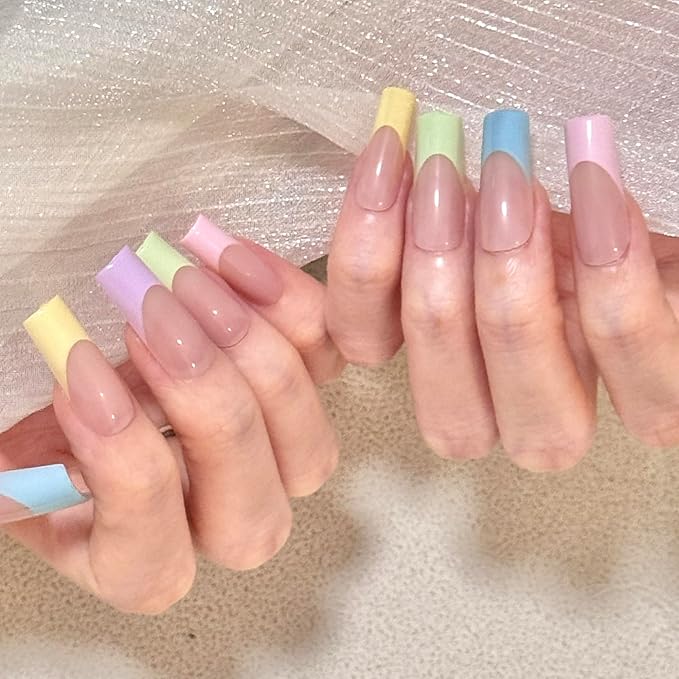 150 Pcs French Tip Press on Nails - Long Square Press on Nails, French Tip Gel X Nails French Press on Nails, Colored Nail Tips Soft Gel Nail Tips Acrylic Nails, French Tip Nails