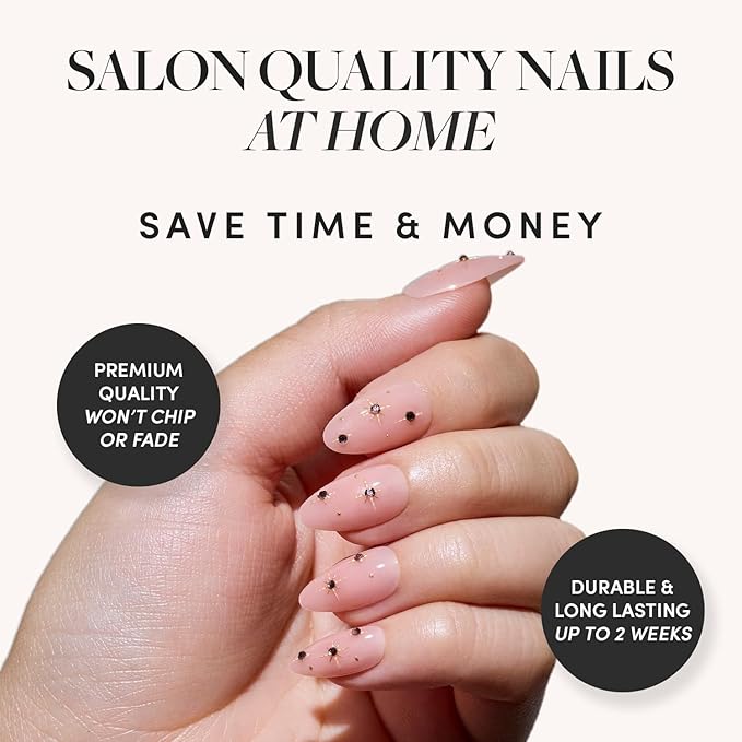 Valentines Day Glamnetic Press On Nails - Pink Comet | Short Almond Fake Nails in Pale Blush Pink with Lavender 3D Gems in a Glossy Finish, Salon Quality | 15 Sizes - 30 Nail Kit with Glue