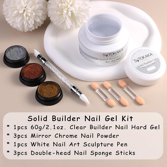 Solid Builder Gel for Nails, 60g Clear 3D Sculpting Modeling Carving Non-Sticky Hand Hard Gel Nail Extension Glue with Chrome Powder and Silicone Sculpture Pen Nail Art Salon Home DIY