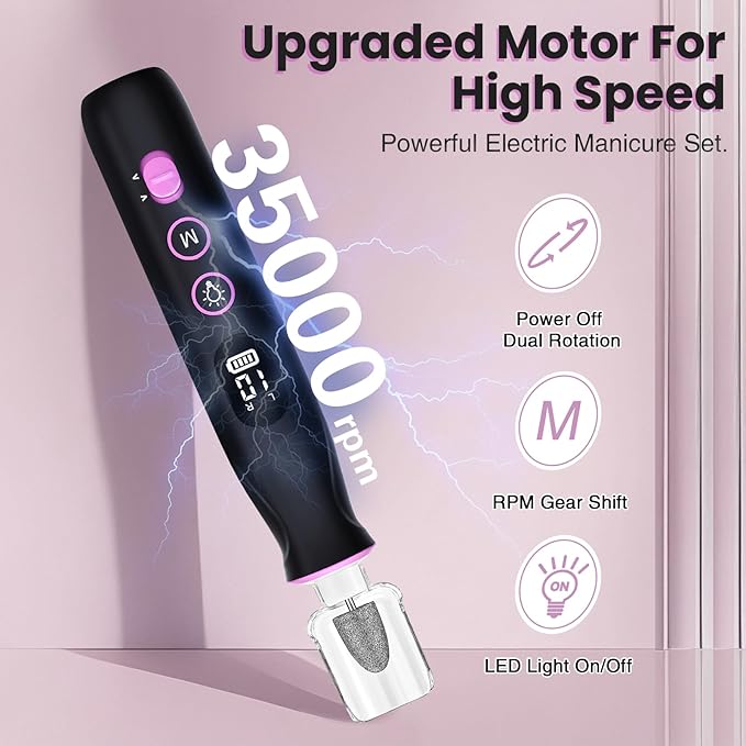 Electric Nail Drill, Cordless 2000 mAh Rechargeable Portable Nail File 12 in 1 Kit for Thick Toenails, 10 Speeds Nail Dril Machine Professional Manicure Pedicure for Hand Natural Nails Care (Black)