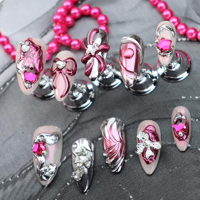 Silver Chrome Press on Nails Bow Fake Nails Star Glue on Nails Pure Hand-Painted Nail Liquid State with Design Pink Ombre Stick on Nail Medium Almond False Nail for Women Girls Exquisite Manicure (M)