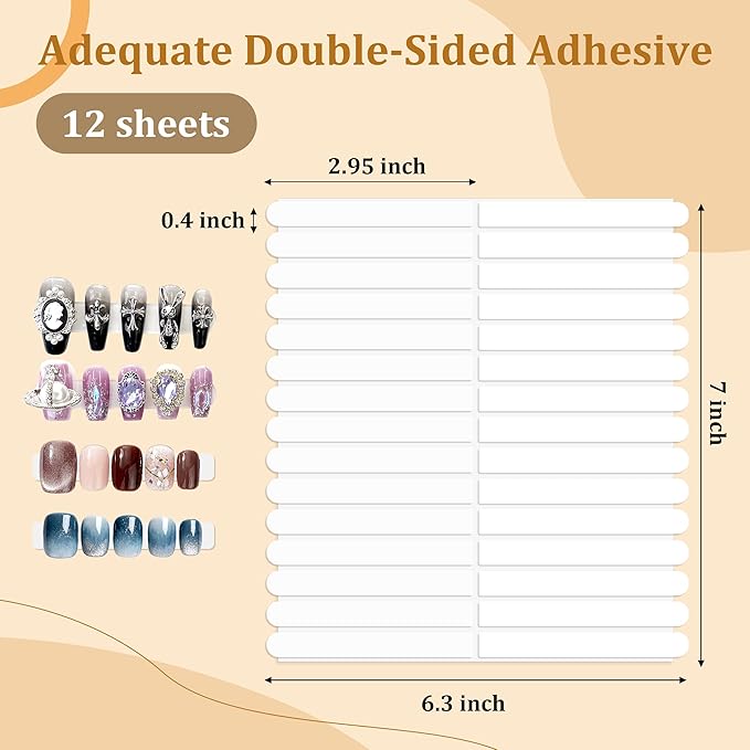 12 Sheets Double Sided Nail Tape for Press on Nails, Clear Adhesive Mounting Tapes for Nail Packaging Nail Design Salon Supplies Colors Designs Showcase (White)