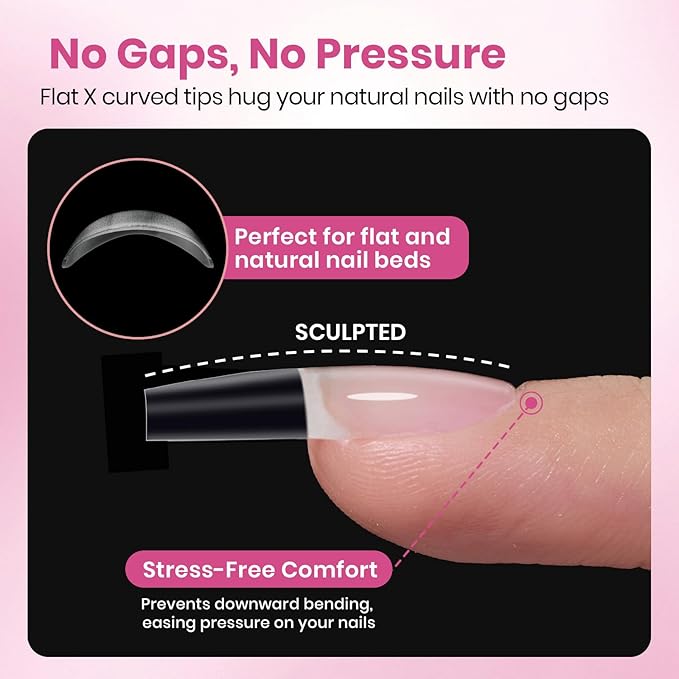 Beetles Gel Nail Tips Flat-X - Coffin Medium, 320pcs 16 Sizes, Pre-Etched Half Matte Full Cover Soft Acrylic Press on False Nail Extension Tips Easy DIY Salon Art for Flat & Natural Nail Beds