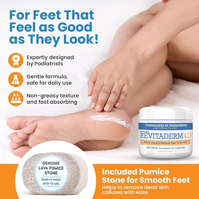 Revitaderm 4D Urea Cream 40% for Feet – Intensive Moisturizing Foot Cream for Dry, Rough & Callused Skin, Fast Absorbing & Fragrance Free, Includes Pumice Stone & Exfoliating Brush, 4 oz, 1 Pack