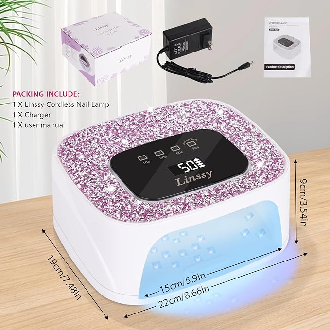 Rechargeable UV/LED Nail Lamp with Auto Sensor, Portable Cordless Gel Nail Dryer Light 4 Timings & Diamond LCD Screen, UV Light for Gel Nails at Home Salon (White)