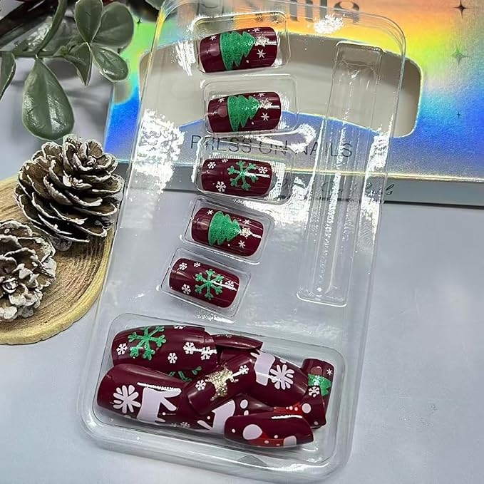 Christmas Press on Nails Medium Square Fake Nails with Snowflake Elk Stocks Christmas Tree Designs Red Xmas False Nail Winter Acrylic Artificial Stick on Nail for Women 24 Pcs