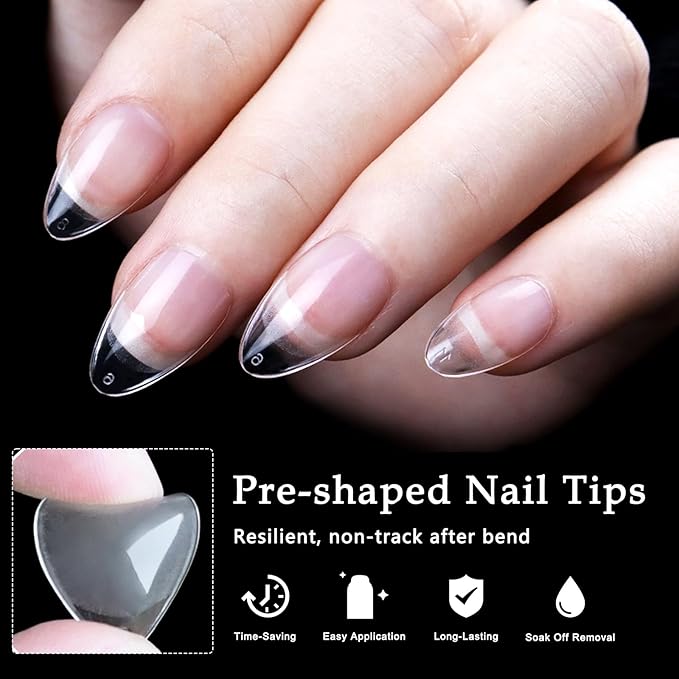AddFavor Short Almond Gel Nail Tips, 240pcs Acrylic Nail Tips Almond Full Cover Clear Press on Nails False Tips for Nail Extension, 12 Sizes Short Fake Nails