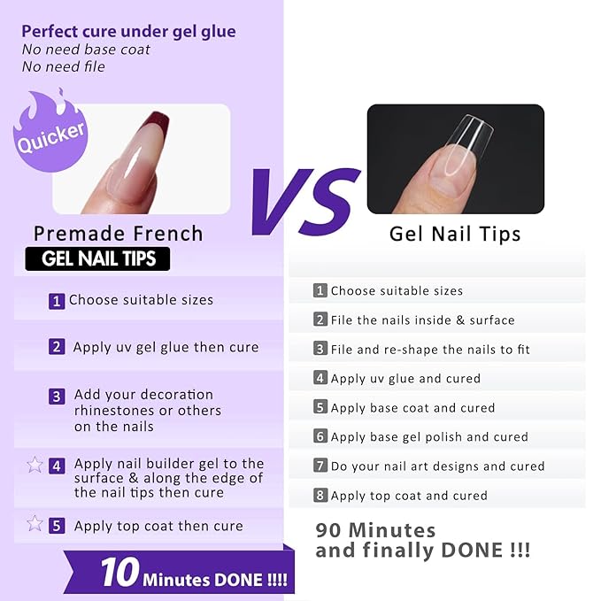 Gel French Tip Nails Long Coffin French Tip Press on Nails White French Nail Tips 150Pcs Pre-applied Tip Primer Natural Skin Tones Fake Nails Extensions Gel Nail Kit for Women Girls DIY