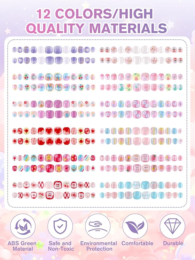288 Pcs Mini Kid Press on Nails, EBANKU False Nails Kids Press on Nails Glue Full Cover Acrylic Nail Tip Kit for Children Little Girls