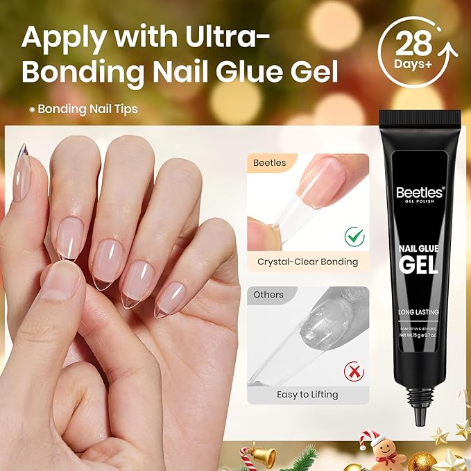 Beetles Gel Nail Kit Flat-X, Almond Short, 320pcs 16 Sizes, with 15g Hands-free Solid Nail Glue Gel, Mini Lamp, Christmas Limited Set, Pre-Etched Half Matte Nail Extension Set for Home DIY