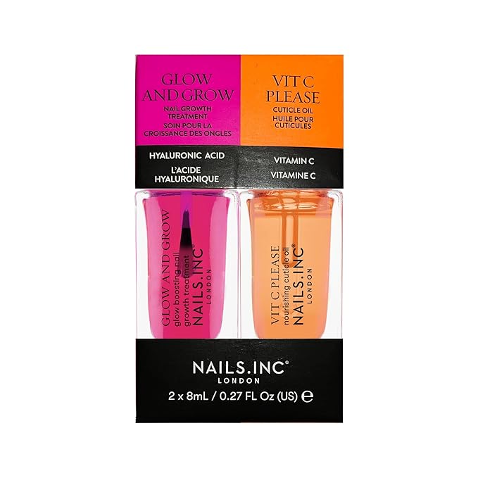 Nails Inc Mini Nail Treatment Duo, Glow & Grow Nail Growth Treatment, Vitamin C Nourishing Cuticle Oil, Strong Nails, Smooth Nails, Promote Nail Health, Ultra Glossy, Cruelty Free, Vegan, 2 Piece Set