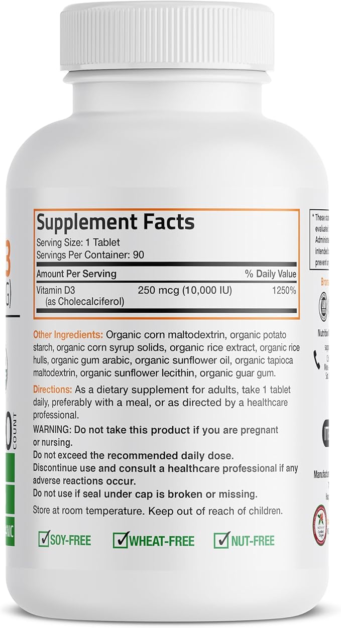 Bronson Vitamin D3 10,000 IU for Immune Support, Healthy Muscle Function & Bone Health, High Potency Organic Non-GMO Vitamin D Supplement, 90 Tablets