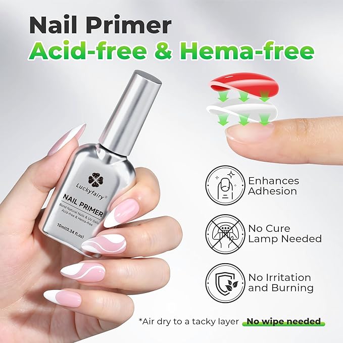 Nail Dehydrator and Primer, Acid-Free & HEMA-Free Nail Prep Kit for Gel Nails & Press ons, No Lift Primer, Strong Adhesion Bond, No Lamp Needed