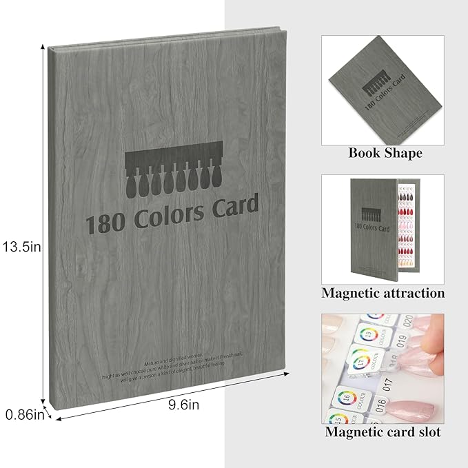 180 Magnetic Nail Color Book,Leather Magnetic Color Display Book with 192 Magnetic Tips & 1-180 Number Labels,Perfect for Nail Polish Nails Art Design(Grey)