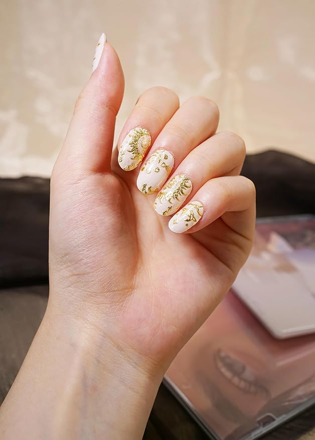 Semi Cured Gel Nail Strips, 20Pcs Long Lasting Salon Quality Wraps, Easy Apply & Remove Gel Nail Stickers with UV Light (Gilded Nude Cosmos)