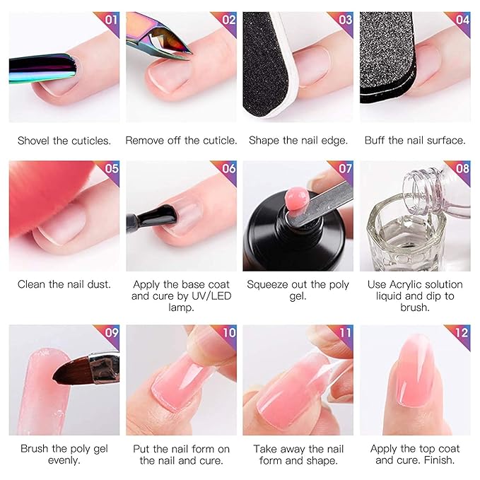 Vishine Poly Nail Extension Gel Kit - 8 Colors, 48W LED UV Lamp, Builder Gel, Slip Solution, Base Top Coat, Rhinestone Nail Manicure Beginner Starter Kit