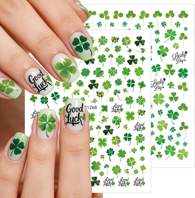 10 Sheets St. Patrick's Day Nail Art Stickers Green Shamrock Nail Stickers 3D Self-Adhesive Spring Nail Decals Four-Leaf Clover Rainbow Gnome Hat Designs Lucky of Irish Nail Decorations for Women DIY
