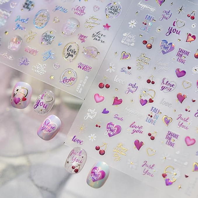 5D Embossed Valentines Day Nail Stickers Self-Adhesive Letter Nail Art Stickers Gold Purple Pink Retro Alphabet Cherry Love Designs Cute Nails Art Supplies Heart Nail Decals for Women Manicure DIY