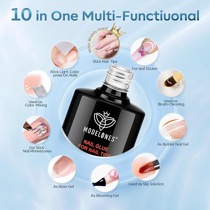 modelones 10 in One Gel Nail Glue Base Coat Brush On Nail Glue 15 ml for Tips, Rhinestones, Blooming Art Gel Kit for Press on Nails Acrylic Tips U V Lamp Needed 2Pcs