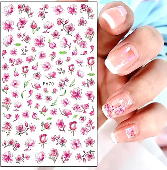 Cherry Blossom Nail Stickers, 3D Pink Flowers Nail Self-Adhesive Sticker Designs, Spring Red Plum Peach Leaf Dry Floral Nail Decals Supplies for Women DIY Manicure Flower Nail Decorations