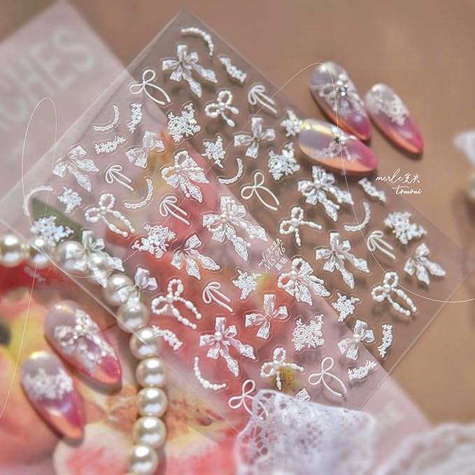 1Pcs 5D Bow Nail Art Stickers Decals Self Adhesive Valentines Nail Decals with Pearl Design Ribbon Bow Nail Stickers Embossed Cute Stickers Wedding Nail Supplies Decorations for Women Holiday Manicure