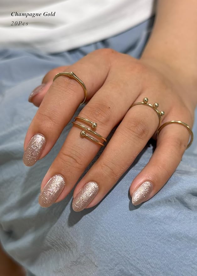 Semi Cured Gel Nail Strips (Champagne Gold Glitter), Sparkle Finish, 20 Pcs Gel Nail Wraps, Stickers, Salon Quality, Long Lasting, Works with Any UV Lamps