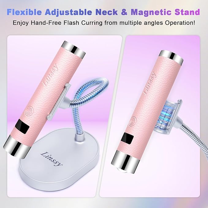 Mini UV Light for Nails with Auto Sensor & Gooseneck Stand,Portable Cordless Nail Lamp Flash Cure Lamp with LCD Display,Handheld UV Light for Gel Nails at Salon & Home Use (Pink)
