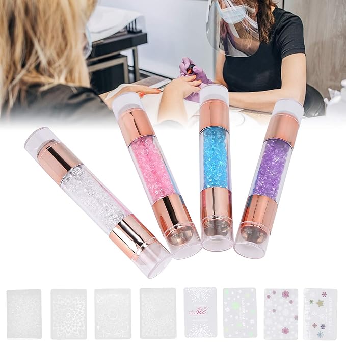 Manicure Stamping Plates, Fashionable Nail Stamper Kit 4Sets Double Ended Pen Colorful Rhinestones for Salon for Home