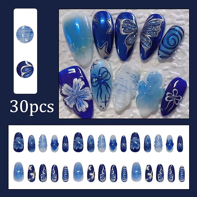 Blue Press on Nails Medium Almond Fake Nails Flower Butterfly Full Cover Glue on Nails with Silver Star Designs Stick on Nails Blue Bow Artificial False Nail Decor for Women Manicure Supplies 30pcs