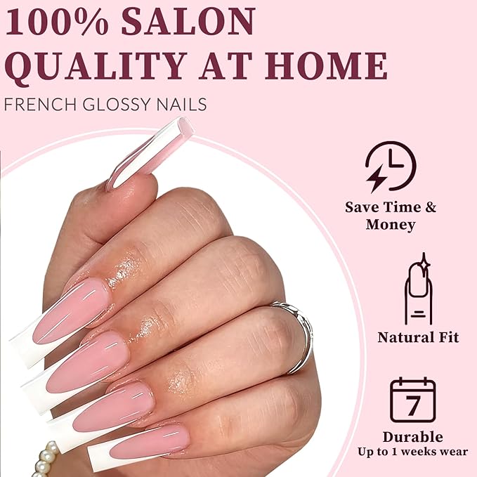120PC White French Tip Press on Nails Long Fake Nails Press ons with 5*Adhesive Tabs, Pink Square Acrylic Nail Press on Nail French Tip Nails False Artificial Fingernails Stick on Nails-B