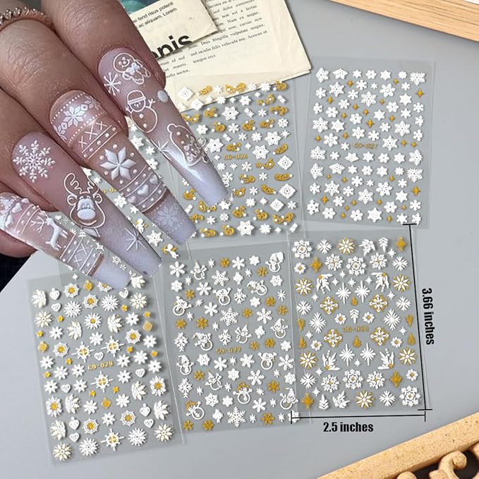 12 Sheets White Snowflakes Nail Art Stickers Decals, Pegatinas Uñas 3D Self-Adhesive Christmas Gold Snowman Elk Xmas Winter Nail Decals, Zoance Nail Art Design Decoration Accessories for Acrylic Nail