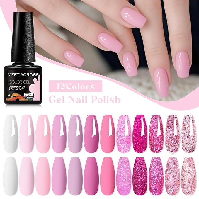 MEET ACROSS 12pcs Gel Nail Polish Set,Soak Off UV LED Lamp Gel Nail Polish Kit,Fashion Shimmer Nail Art Design Gifts for Women Manicure Salon (Pink-2)